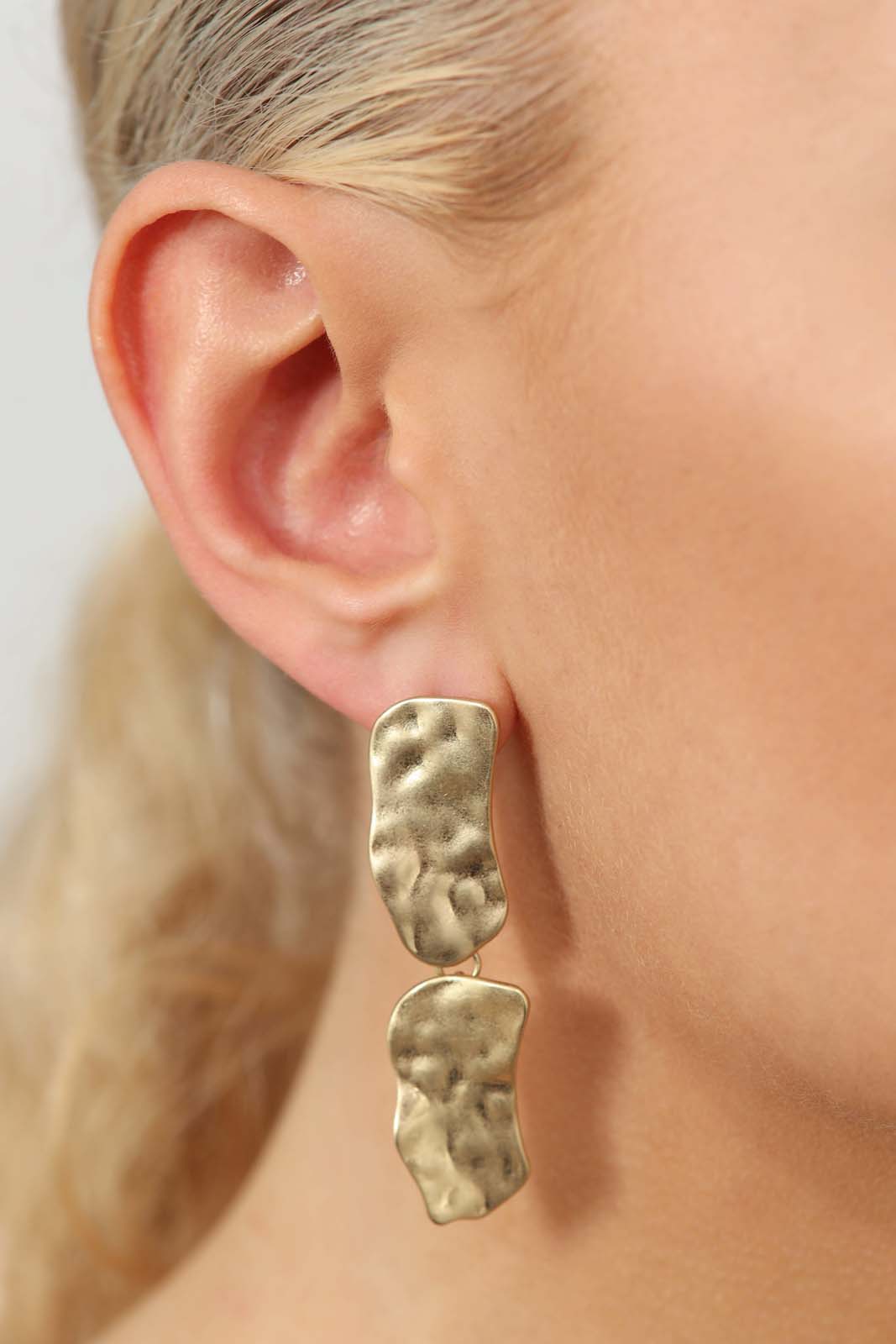Gold hammered large square drop earrings
