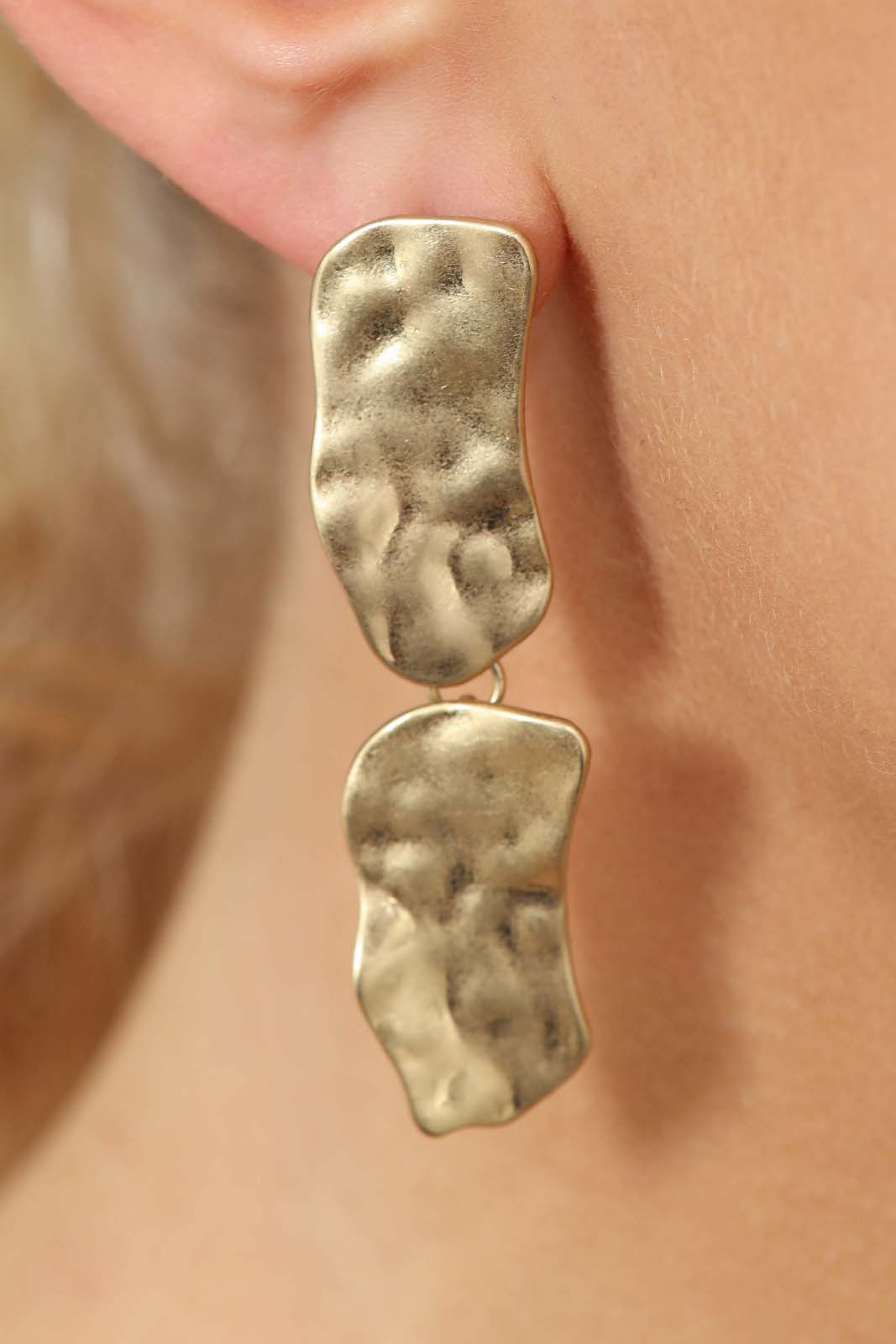 Gold hammered large square drop earrings