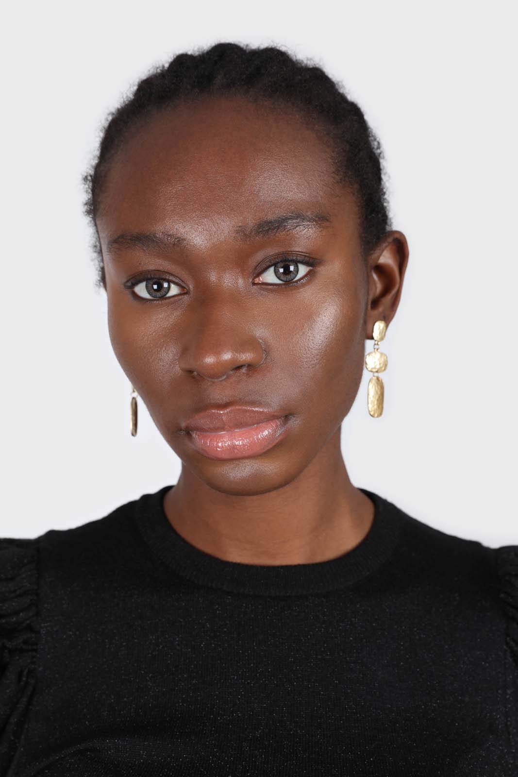 Gold hammered triple rectangle earrings