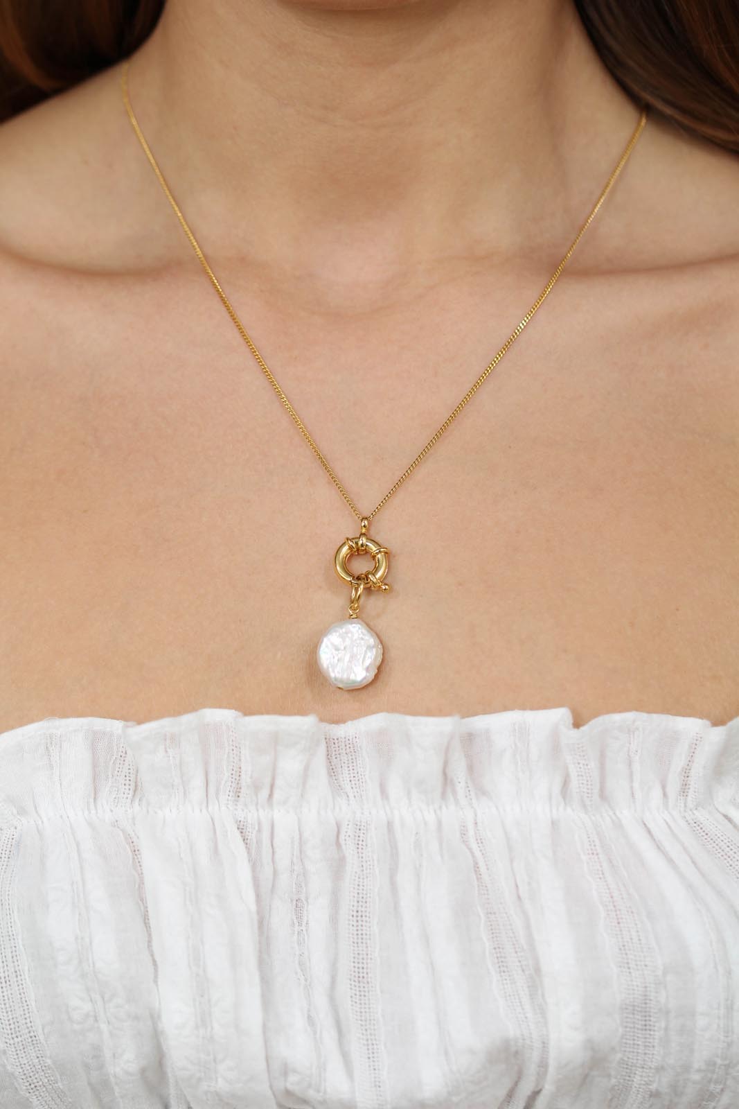 Charm necklace - Gold circle genuine pearl pendant - 70cm