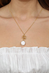 Charm necklace - Gold circle genuine pearl pendant - 70cm