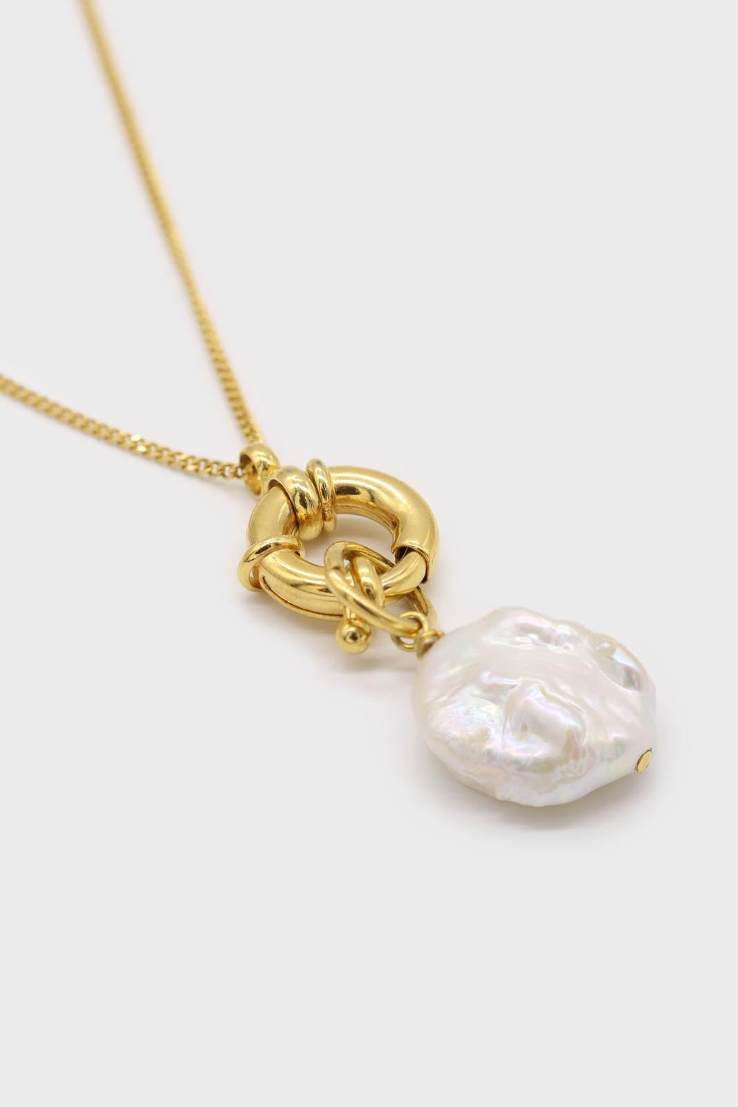 Charm necklace - Gold circle genuine pearl pendant - 70cm