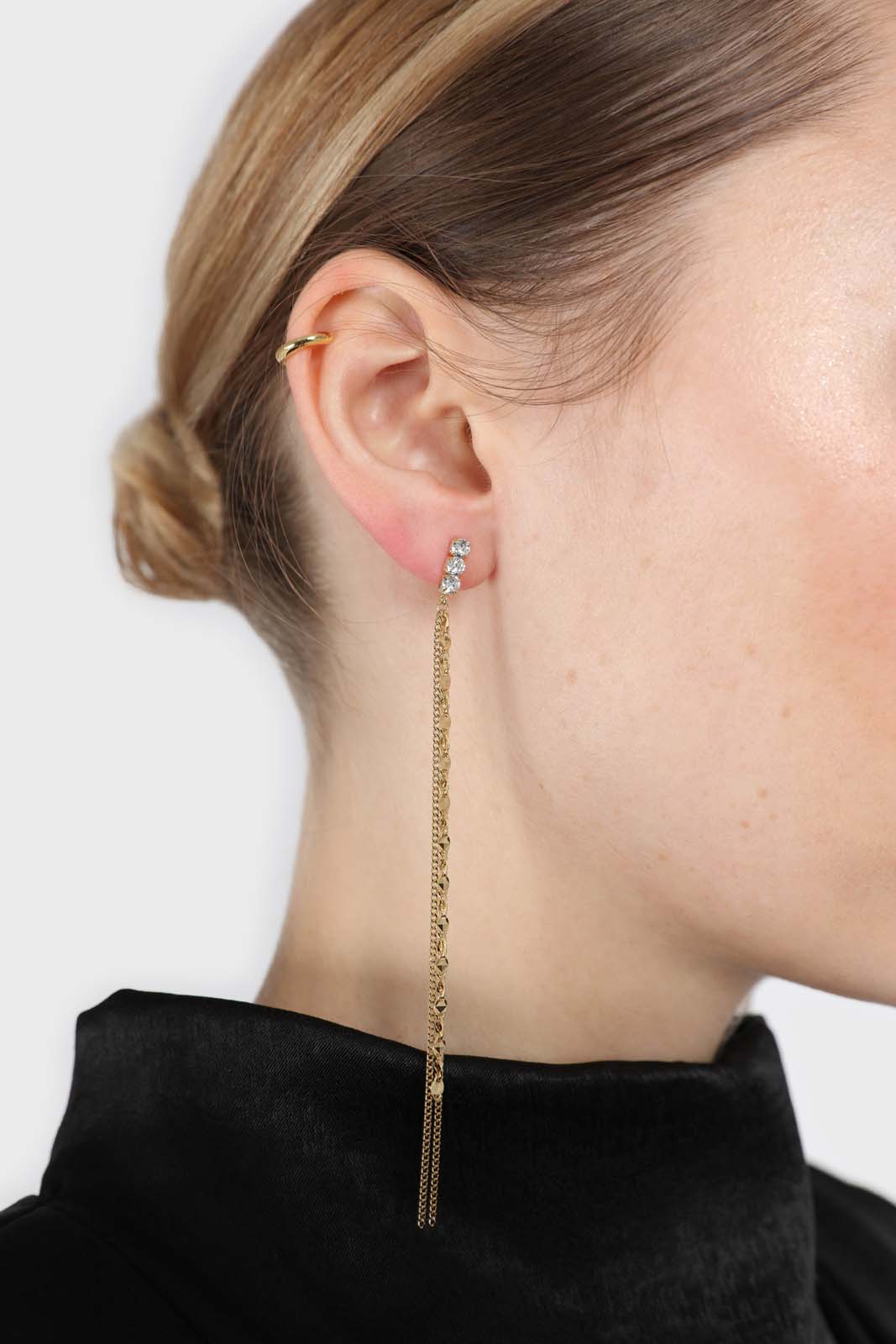 Cubic zirconia long gold chain drop earrings