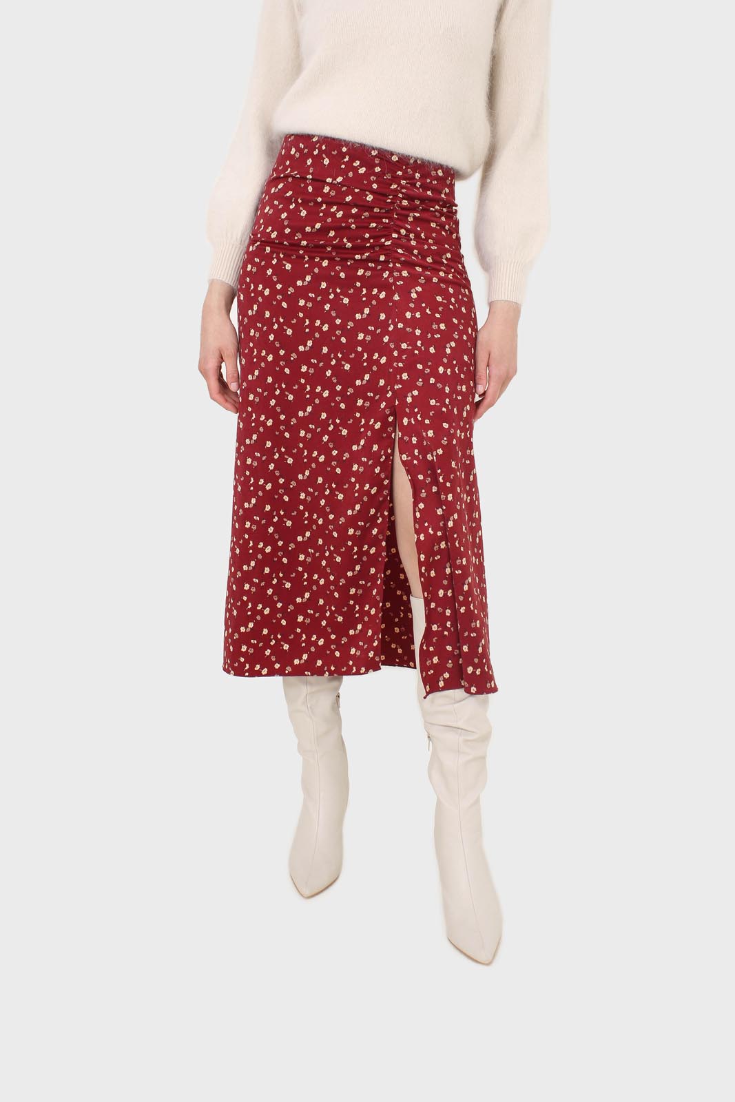 Red and yellow floral side shirring midi skirt