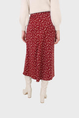 Red and yellow floral side shirring midi skirt