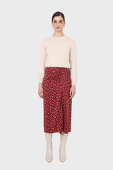 Red and yellow floral side shirring midi skirt