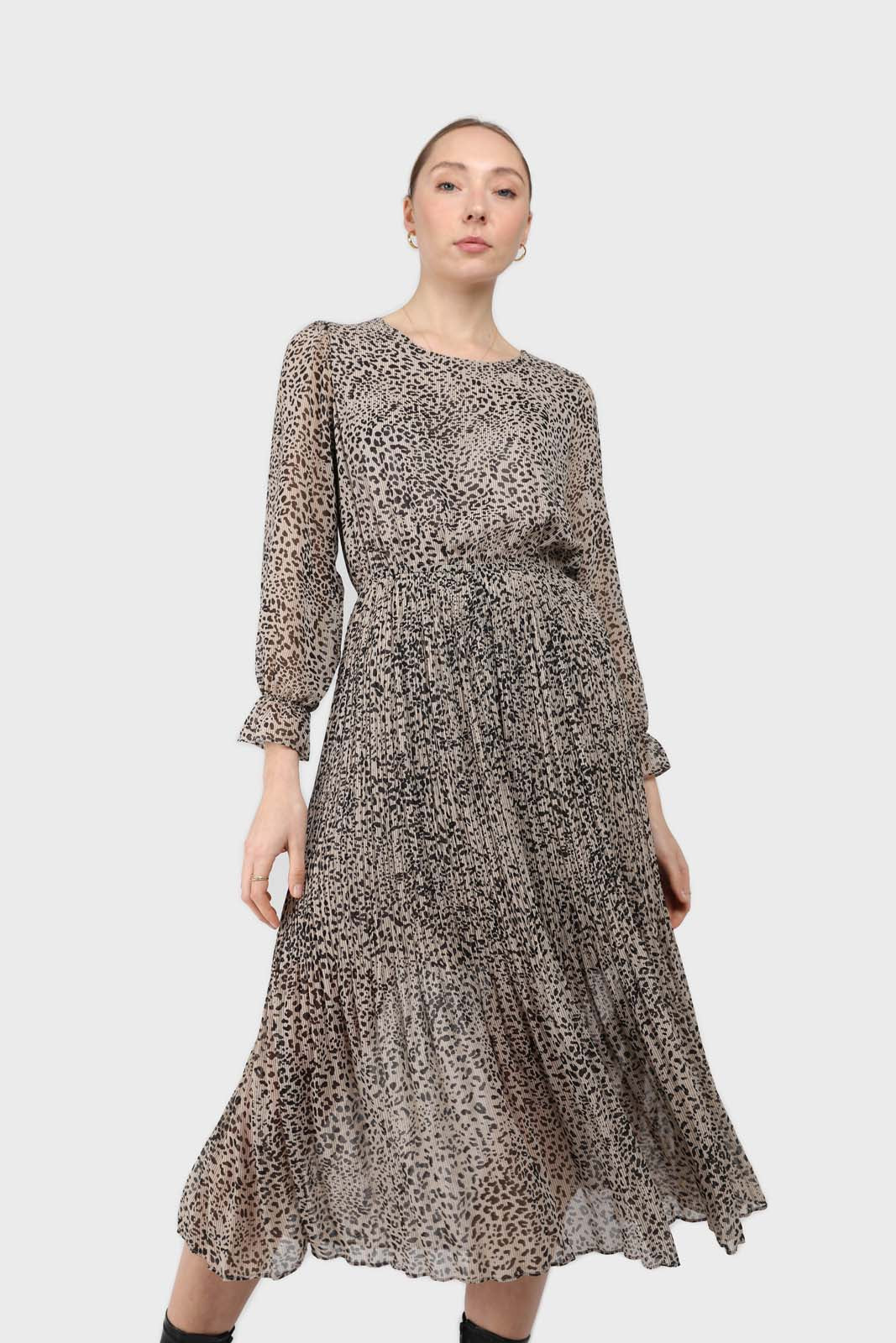 Grey animal print silky micro pleat long sleeved maxi dress