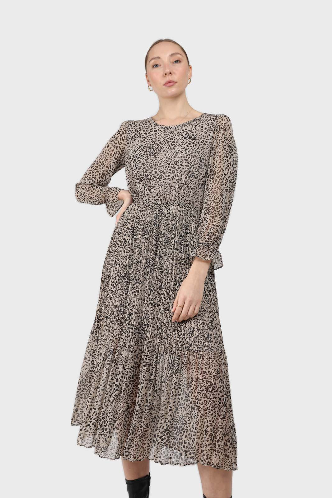 Grey animal print silky micro pleat long sleeved maxi dress