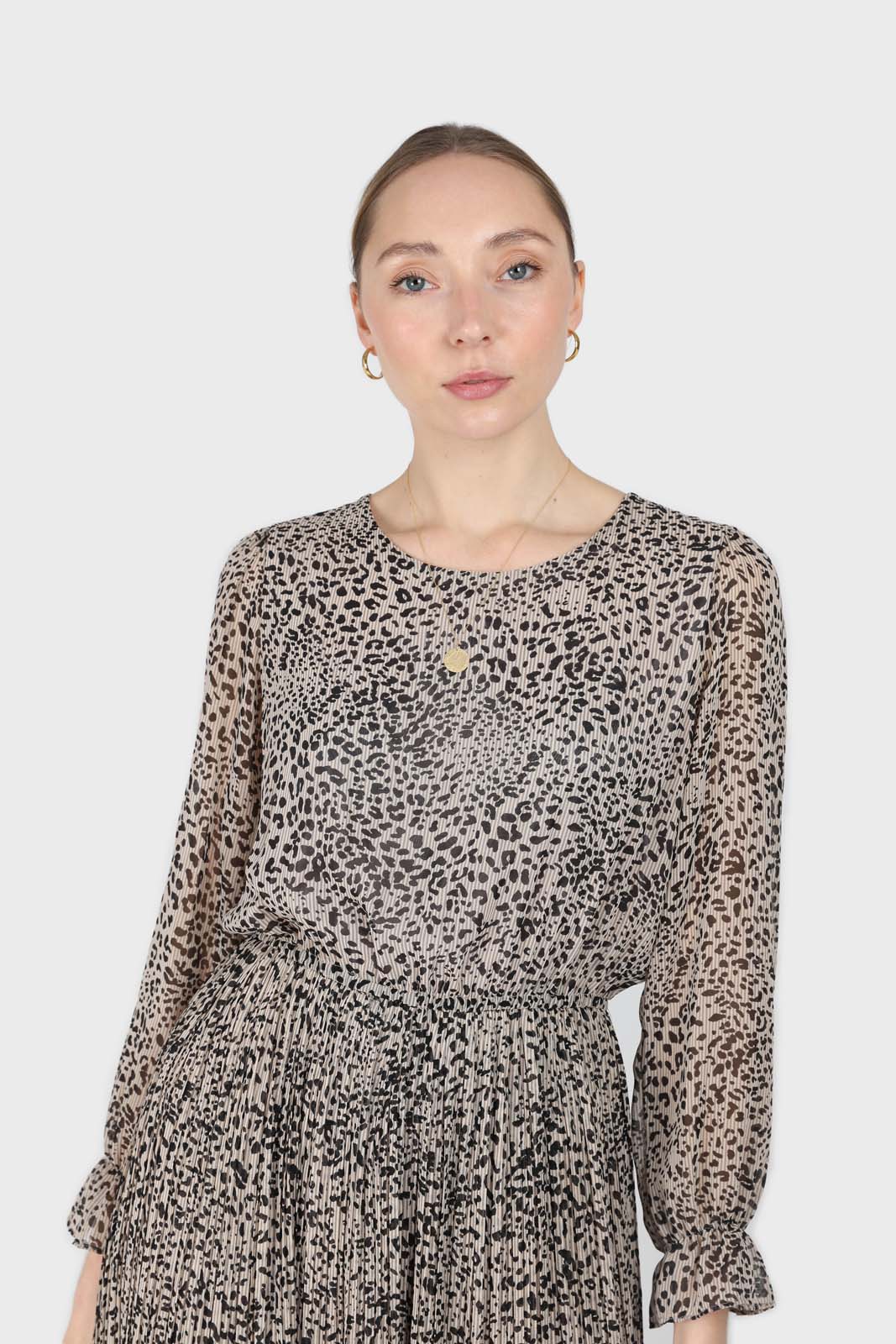 Grey animal print silky micro pleat long sleeved maxi dress