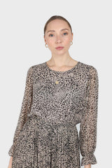 Grey animal print silky micro pleat long sleeved maxi dress