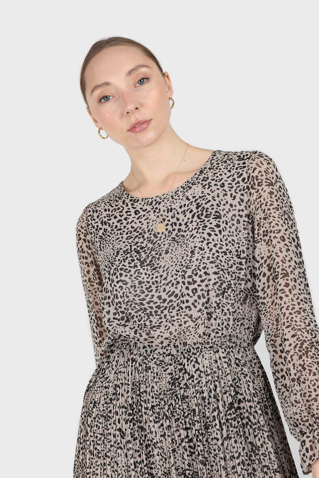 Grey animal print silky micro pleat long sleeved maxi dress