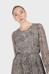 Grey animal print silky micro pleat long sleeved maxi dress