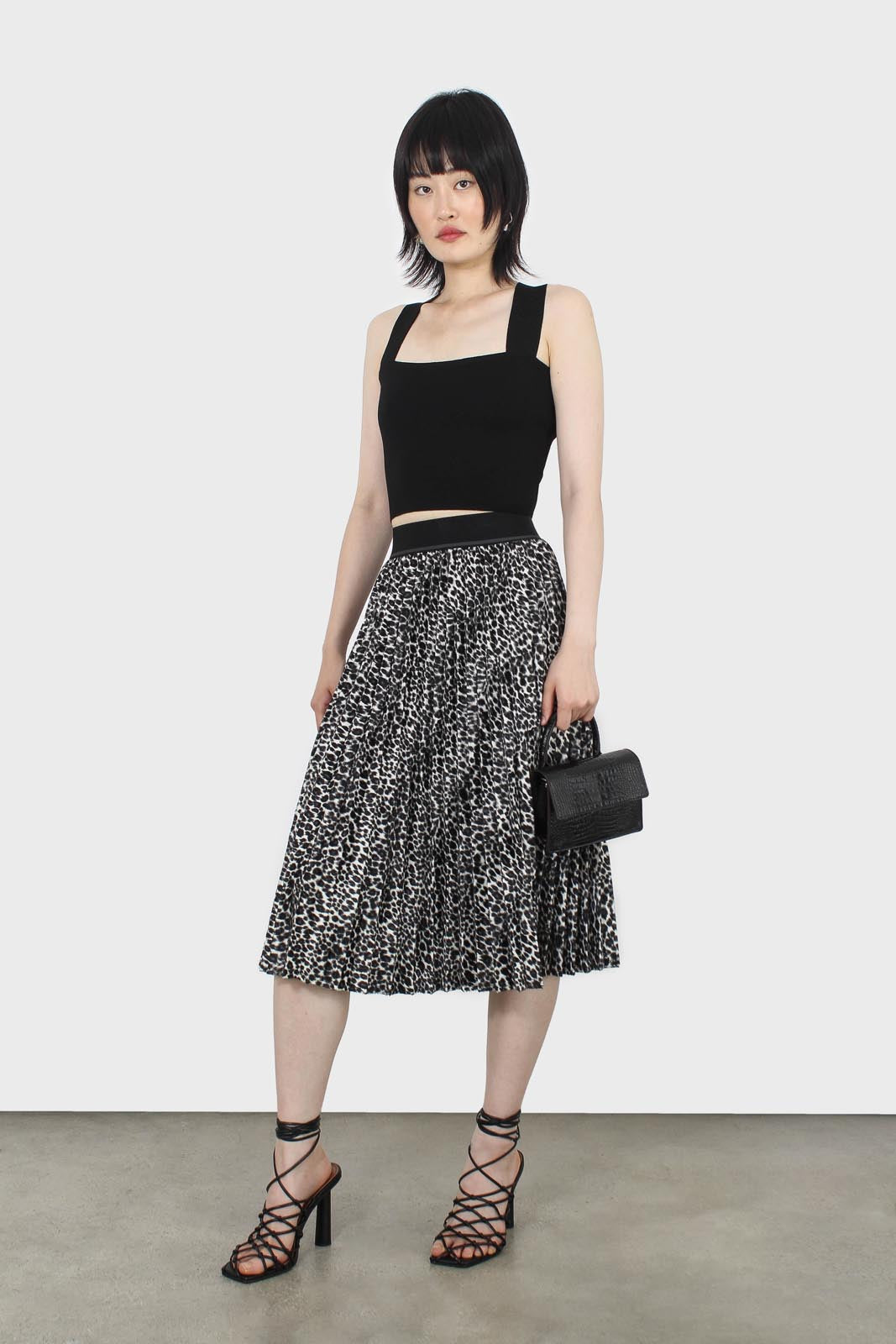 Ivory and black leopard velvet pleated skirt