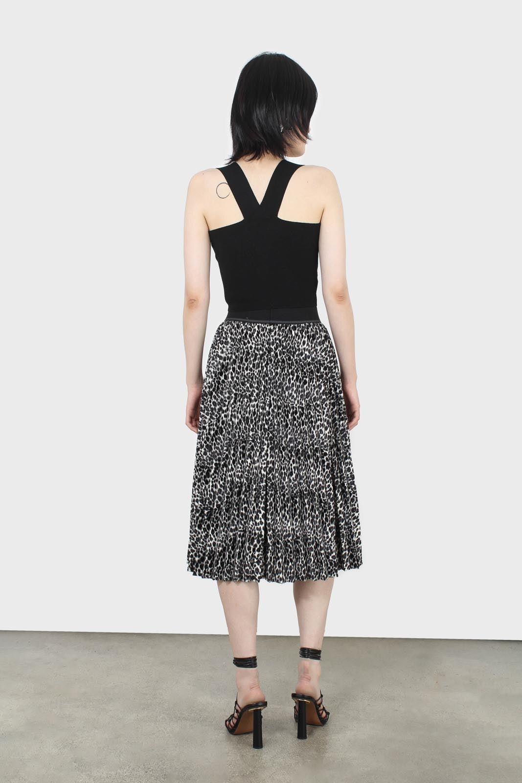 Ivory and black leopard velvet pleated skirt