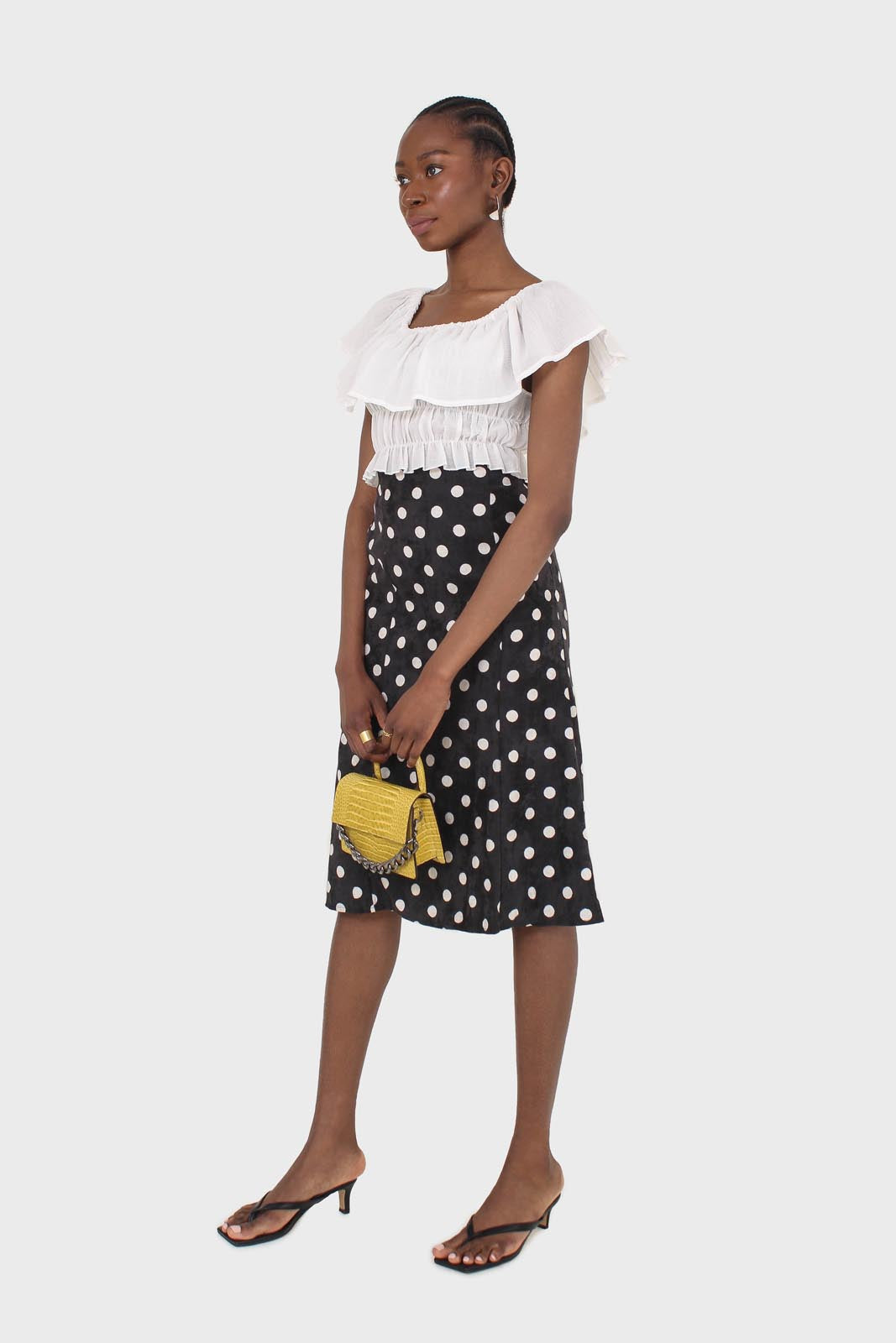 Black and white polka dots flare midi skirt