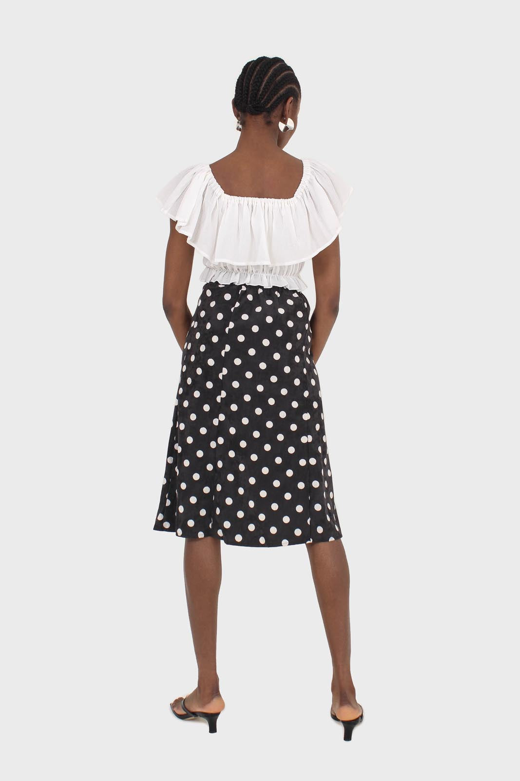 Black and white polka dots flare midi skirt
