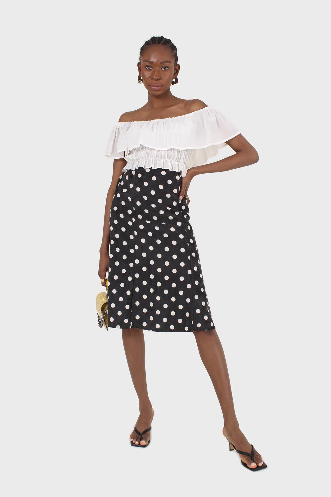 Black and white polka dots flare midi skirt