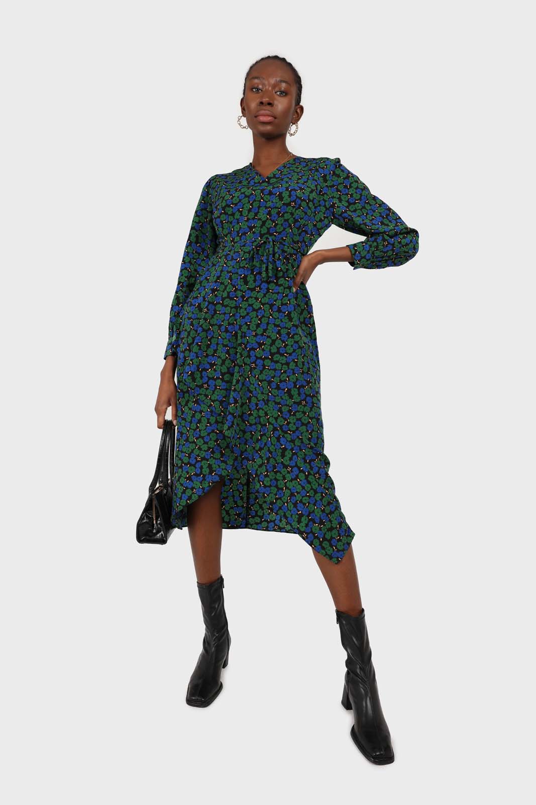 Green and teal floral wrap style maxi dress