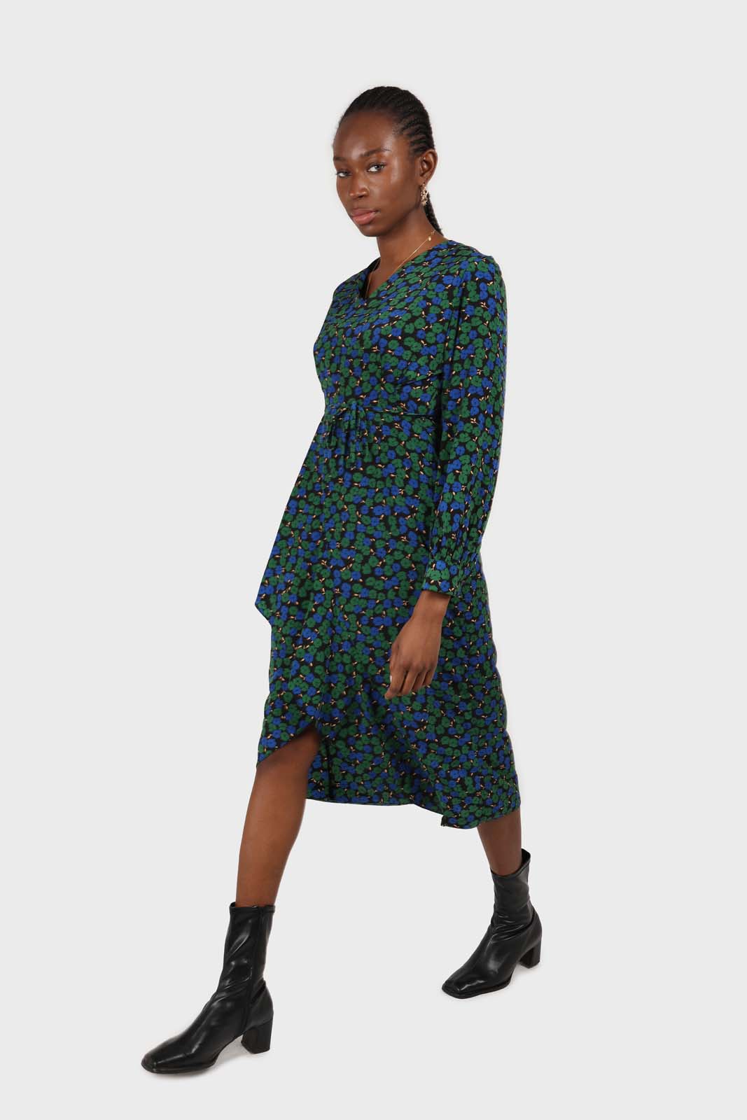 Green and teal floral wrap style maxi dress