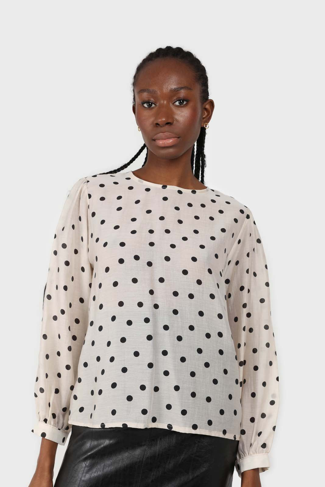 Ivory and black polka dots semi sheer blouse