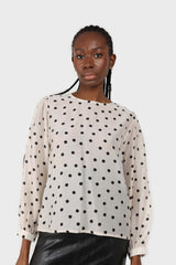 Ivory and black polka dots semi sheer blouse