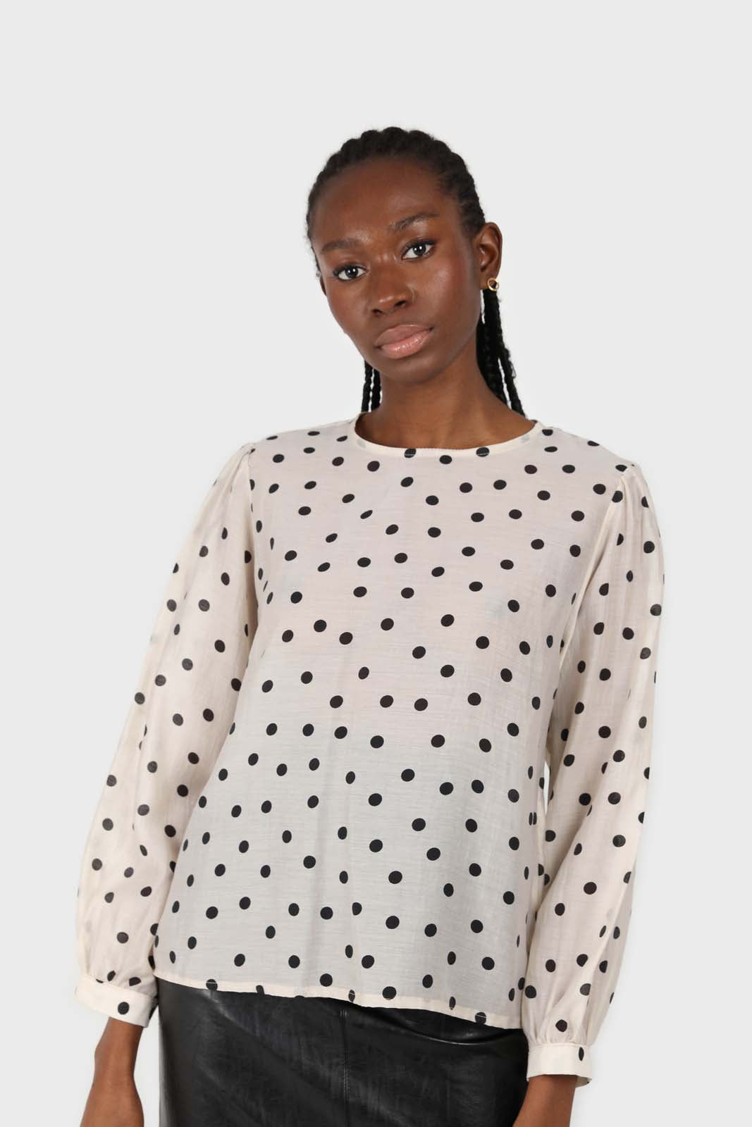 Ivory and black polka dots semi sheer blouse