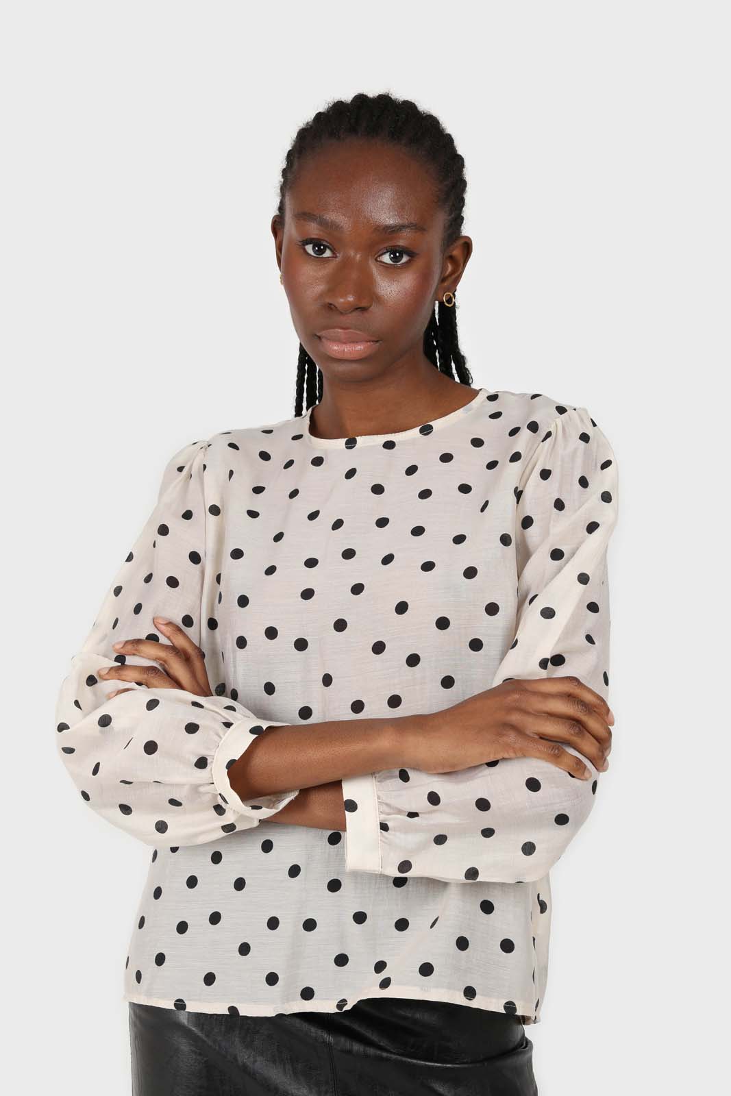 Ivory and black polka dots semi sheer blouse