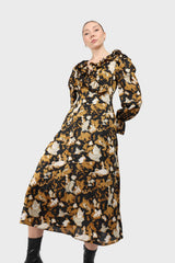 Mustard and black printed wrap maxi dress