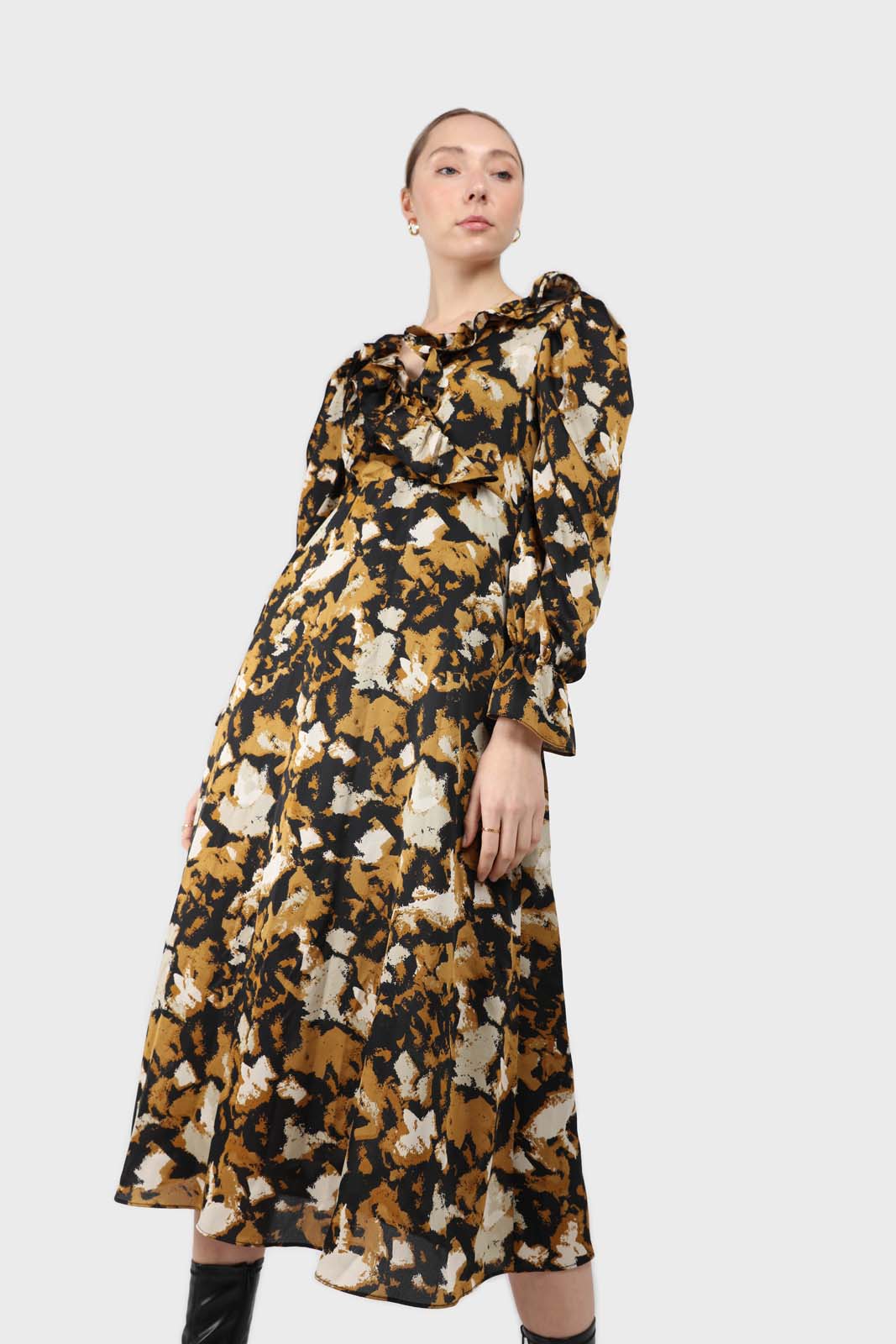 Mustard and black printed wrap maxi dress