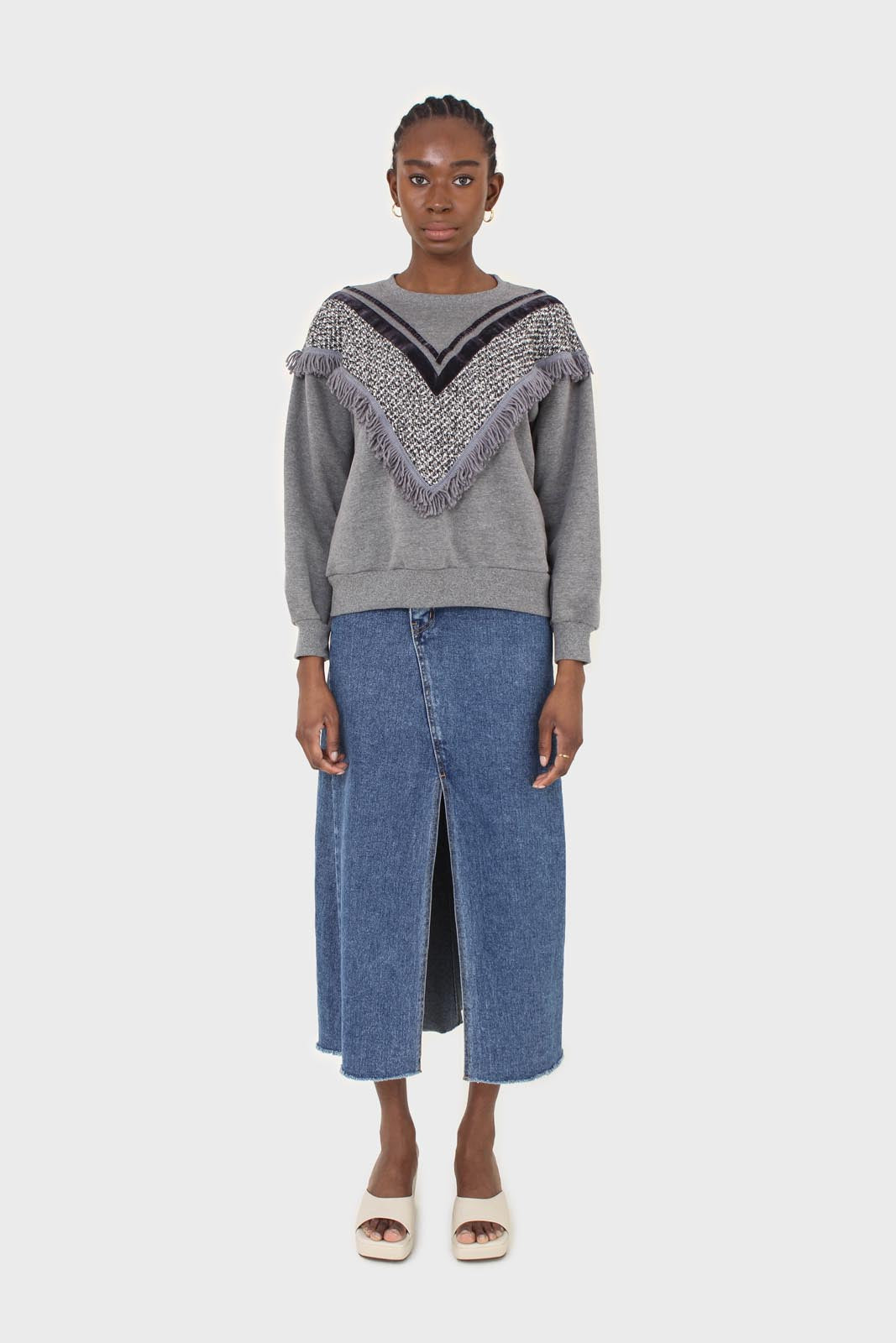 Grey V tweed fringe sweatshirt