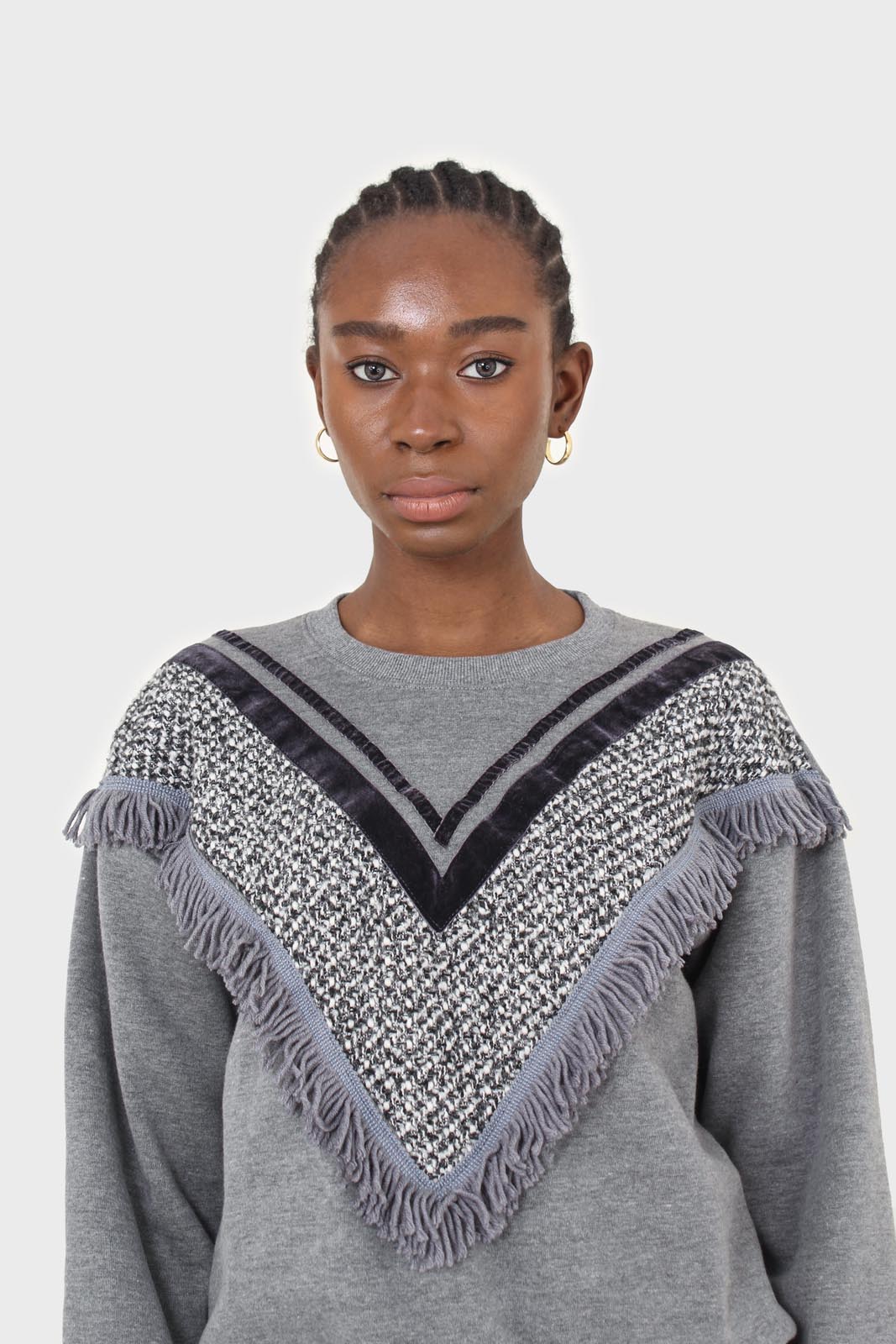 Grey V tweed fringe sweatshirt