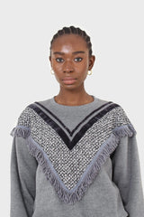 Grey V tweed fringe sweatshirt