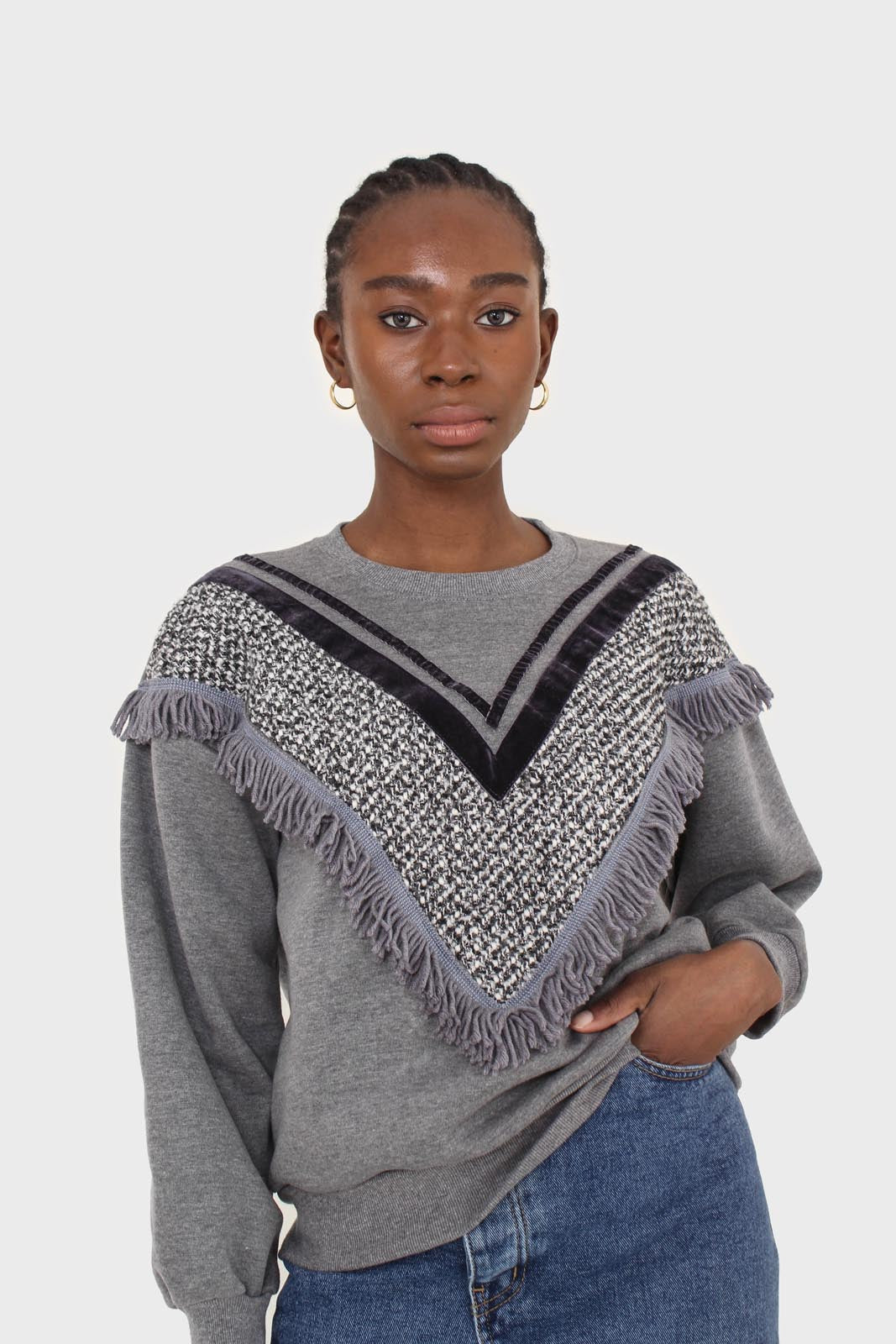 Grey V tweed fringe sweatshirt