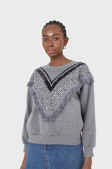 Grey V tweed fringe sweatshirt