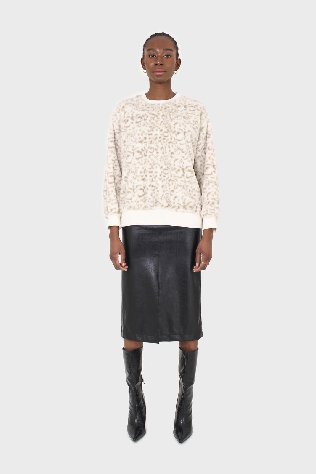 Ivory leopard soft fuzzy oversized sweatshirt