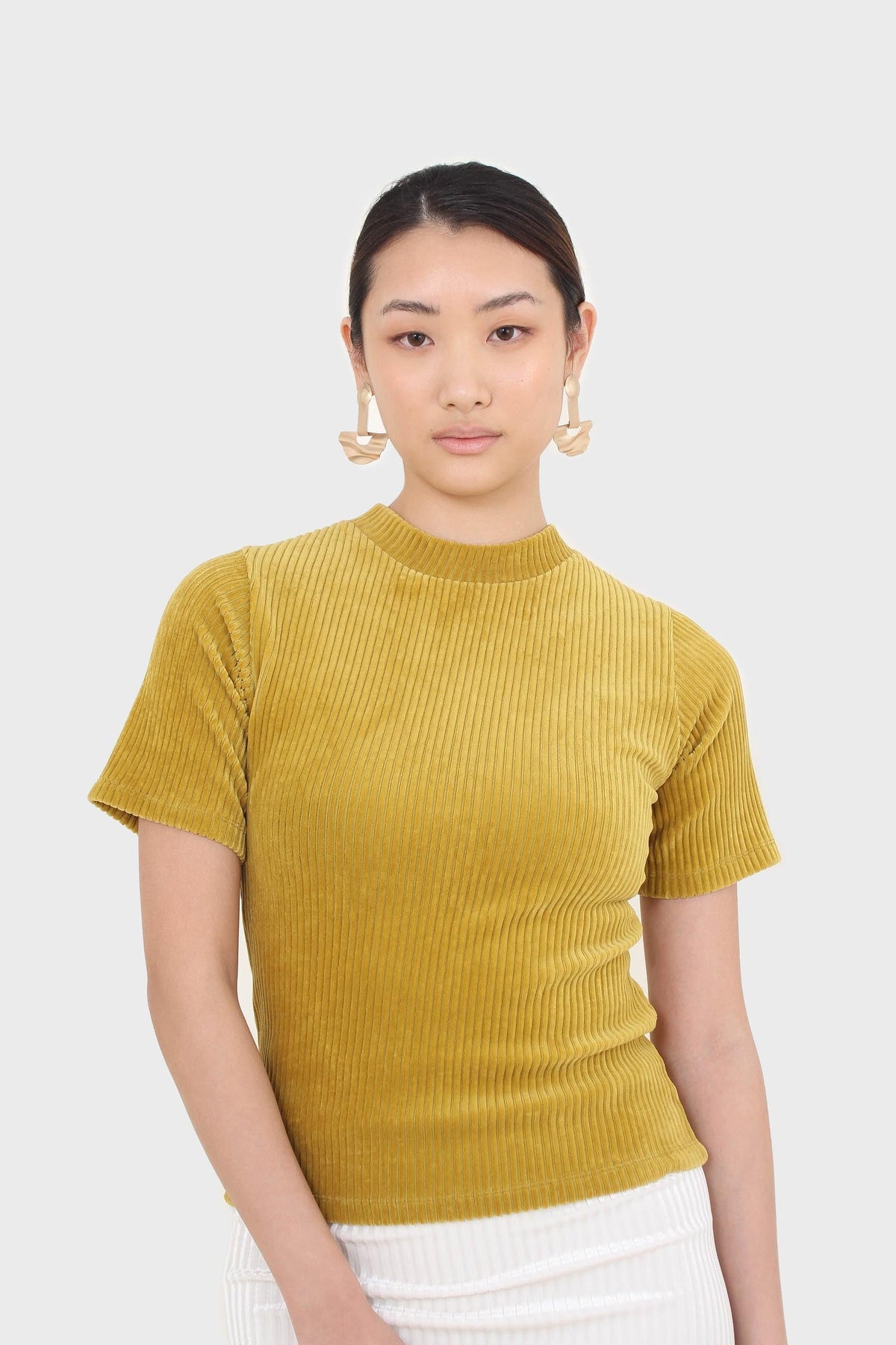 Mustard ribbed velvet mock neck tee