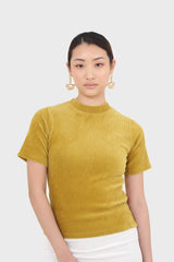 Mustard ribbed velvet mock neck tee