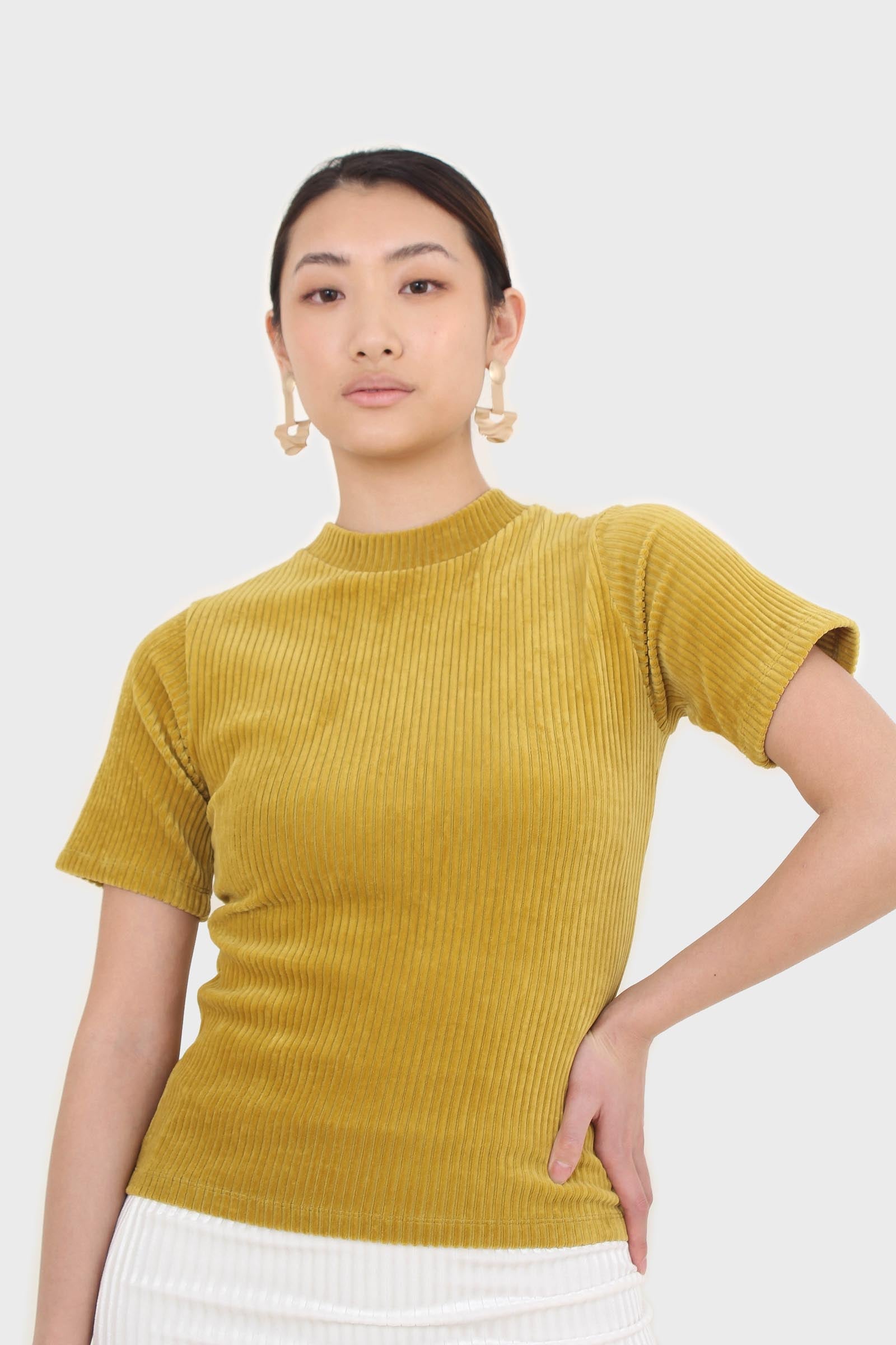 Mustard ribbed velvet mock neck tee