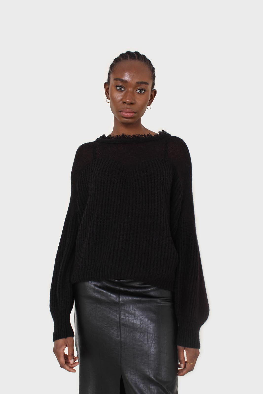 Black ribbed corset ruffle neck jumper