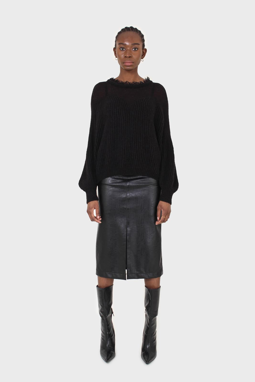 Black ribbed corset ruffle neck jumper