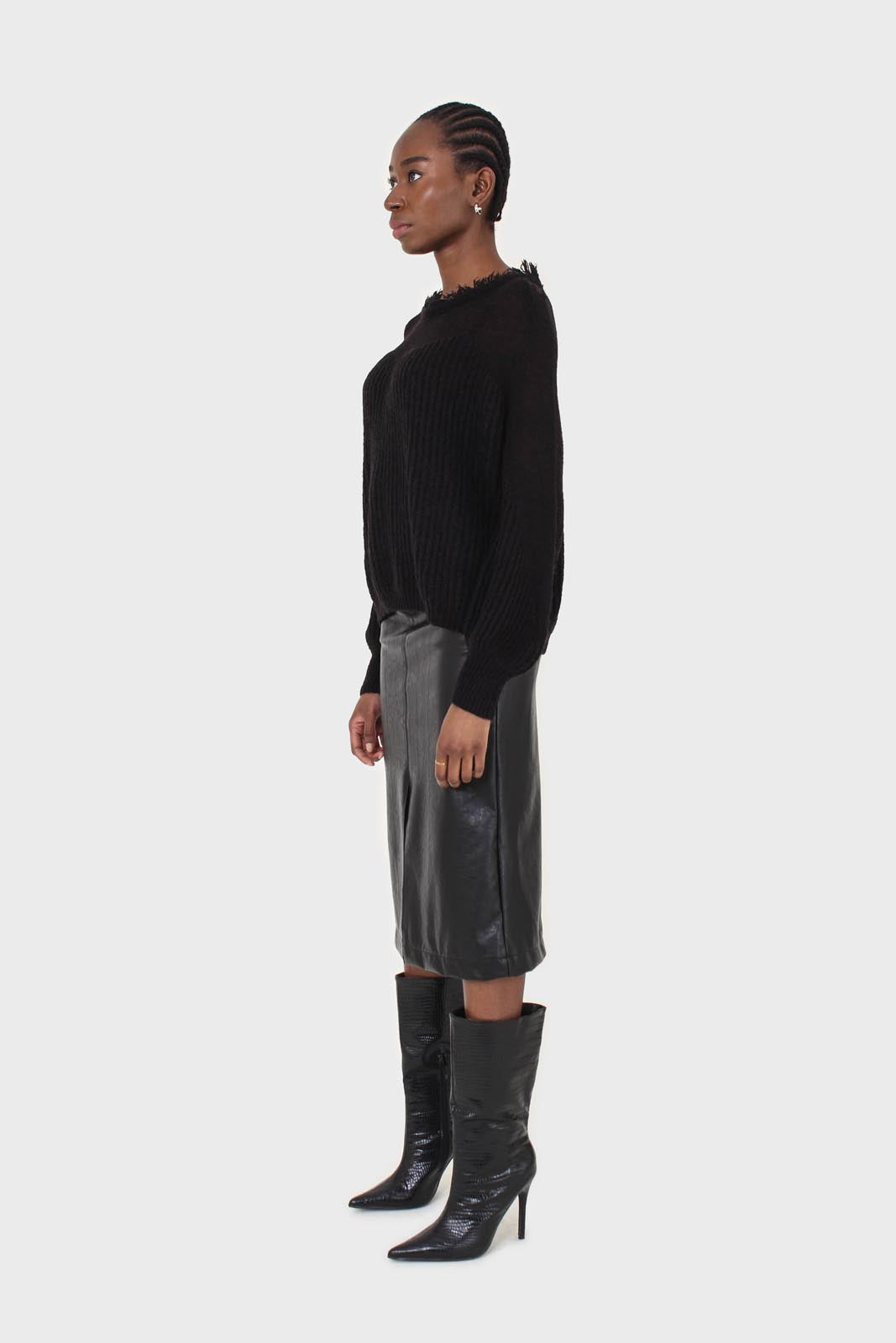 Black ribbed corset ruffle neck jumper