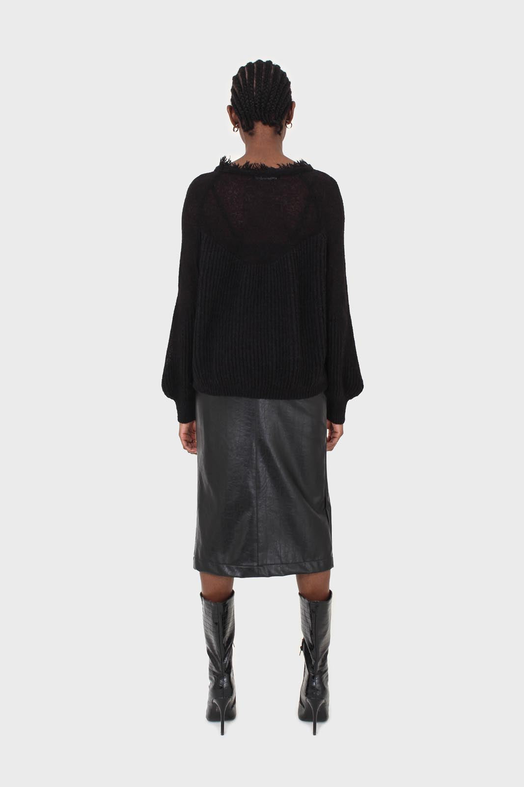 Black ribbed corset ruffle neck jumper
