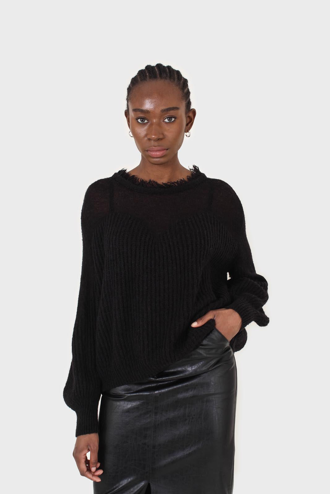 Black ribbed corset ruffle neck jumper
