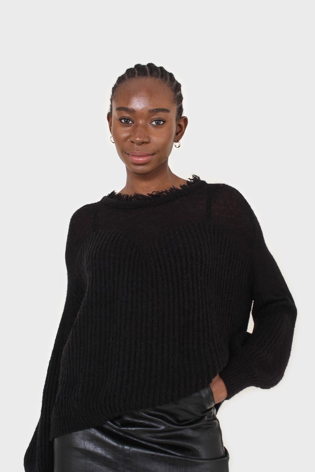 Black ribbed corset ruffle neck jumper