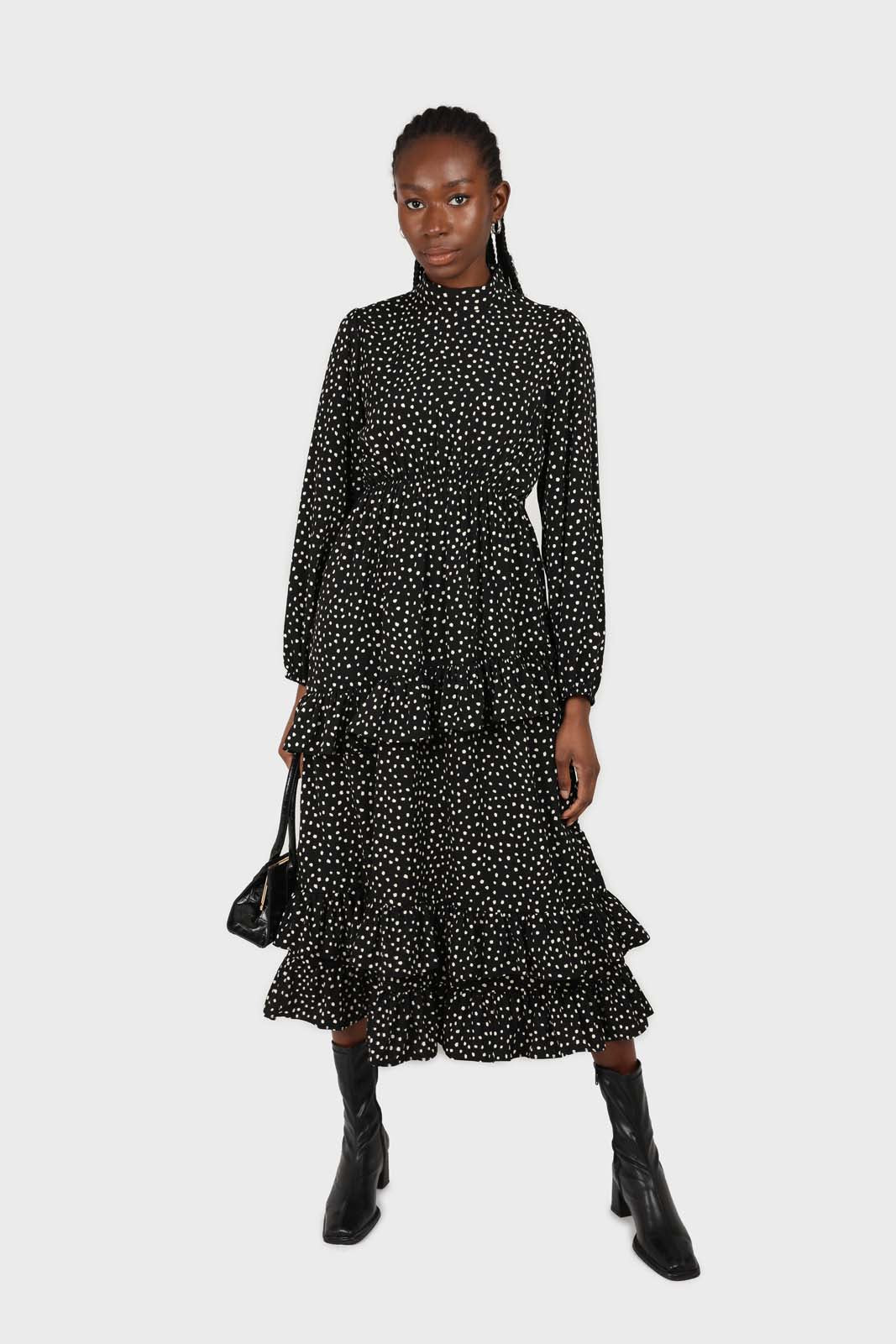 Black and ivory dot print maxi dress