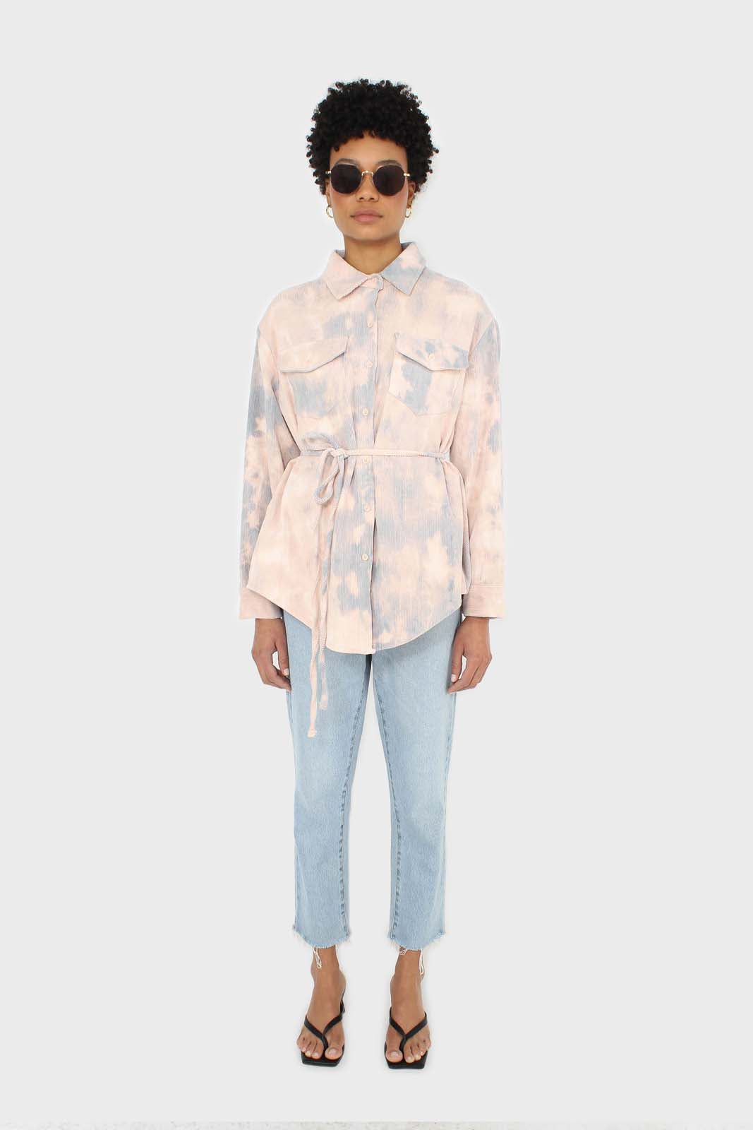Pale pink and blue tie dye tie waist shirt jacket
