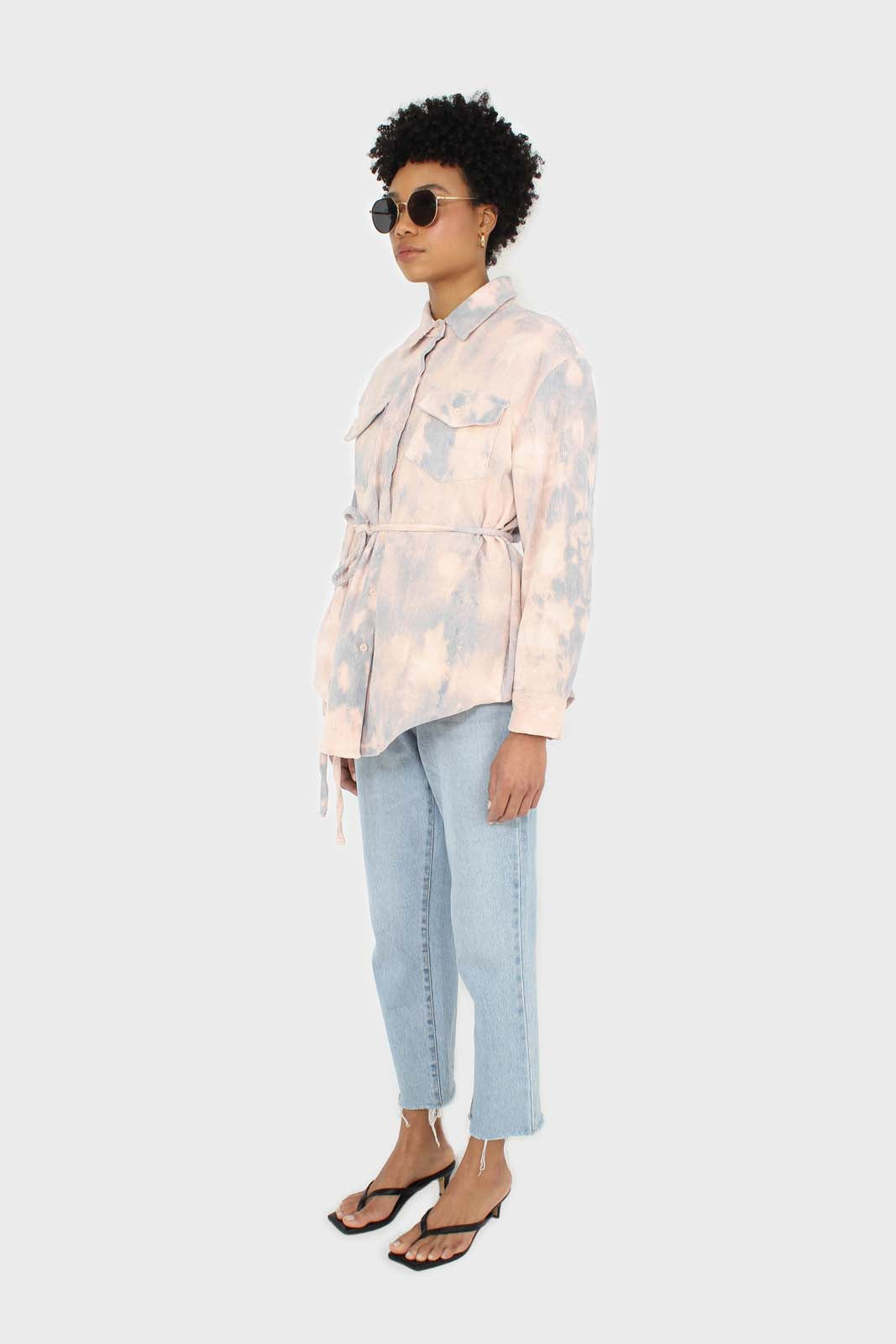 Pale pink and blue tie dye tie waist shirt jacket
