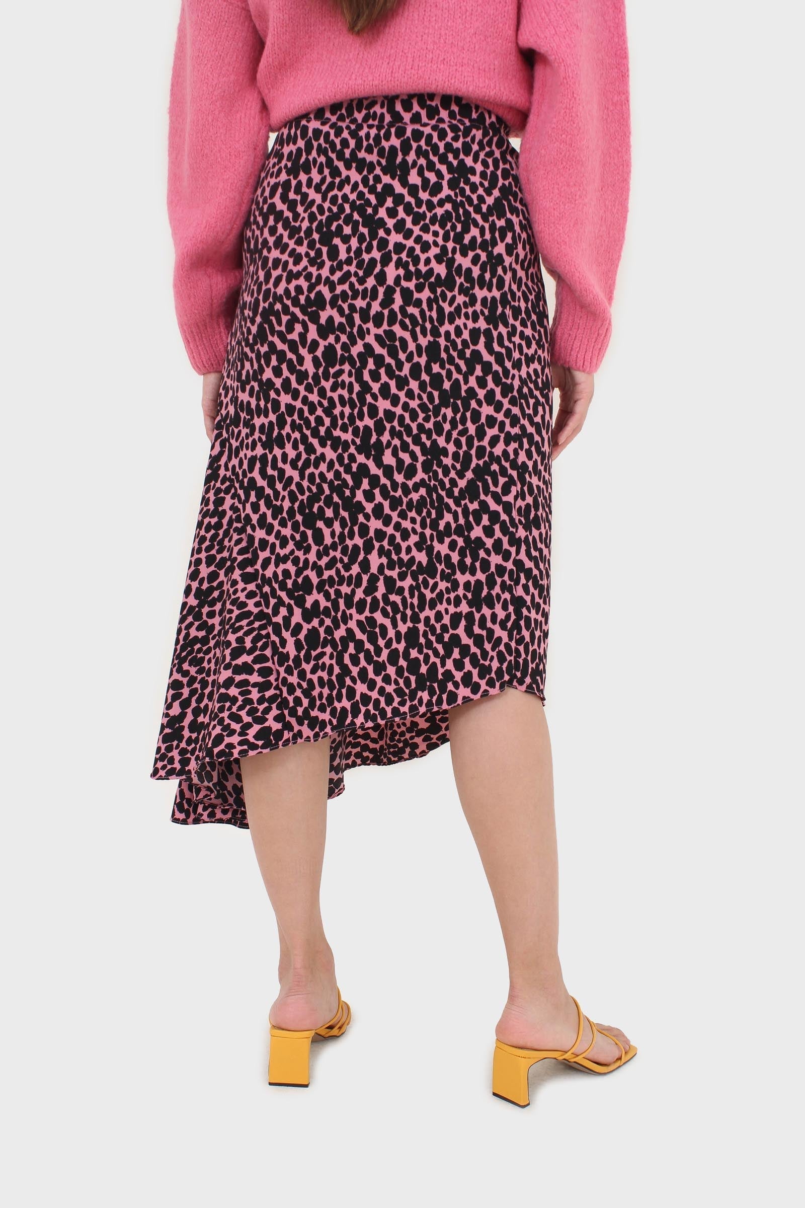 Pink and black animal print asymmetric hem skirt