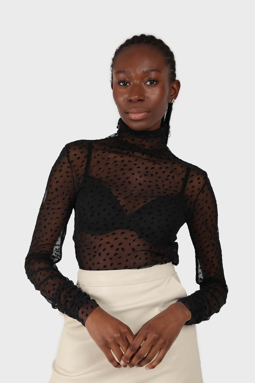 All black flecked sheer long sleeved top