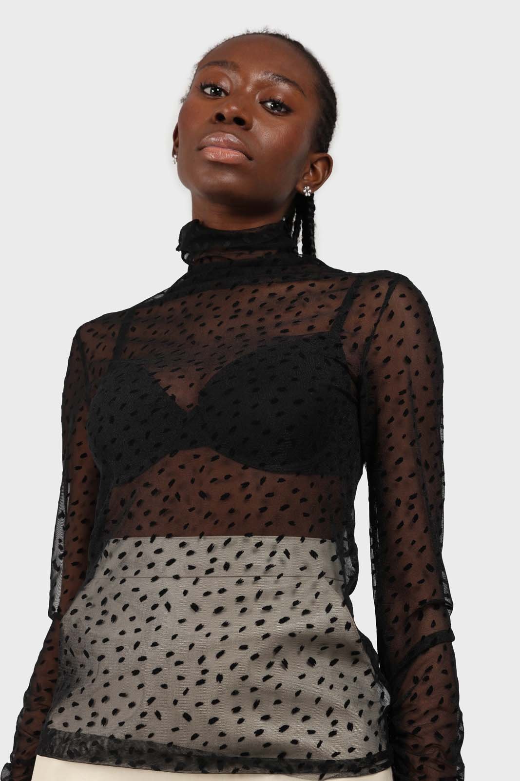 All black flecked sheer long sleeved top
